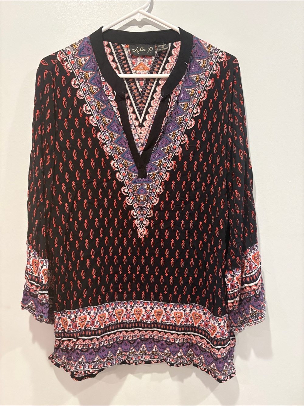 lola Black Tunic with Red and Purple Paisley Trim